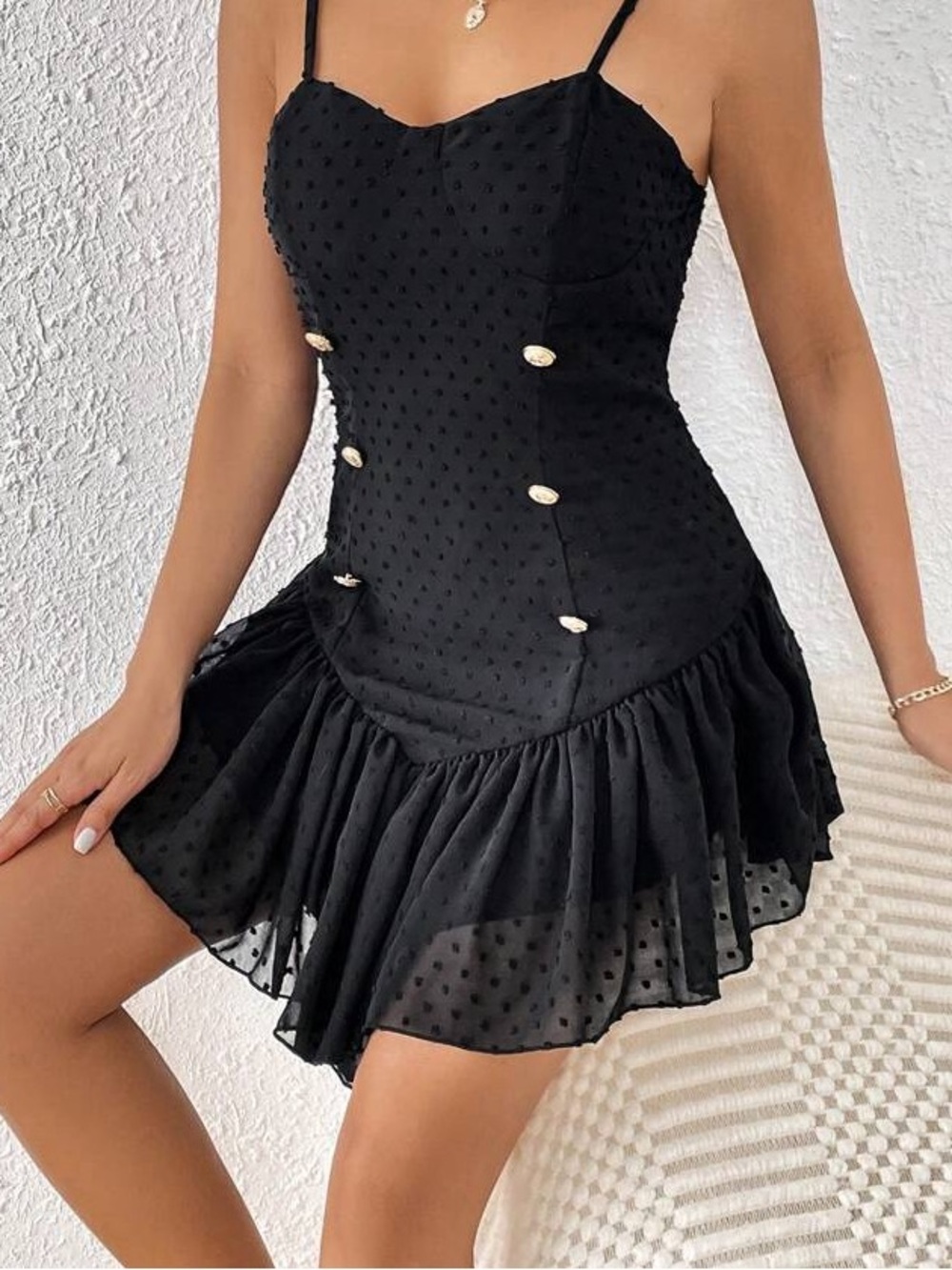 Chic Black Swiss Dot Ruffle Mini Dress with Button Accents